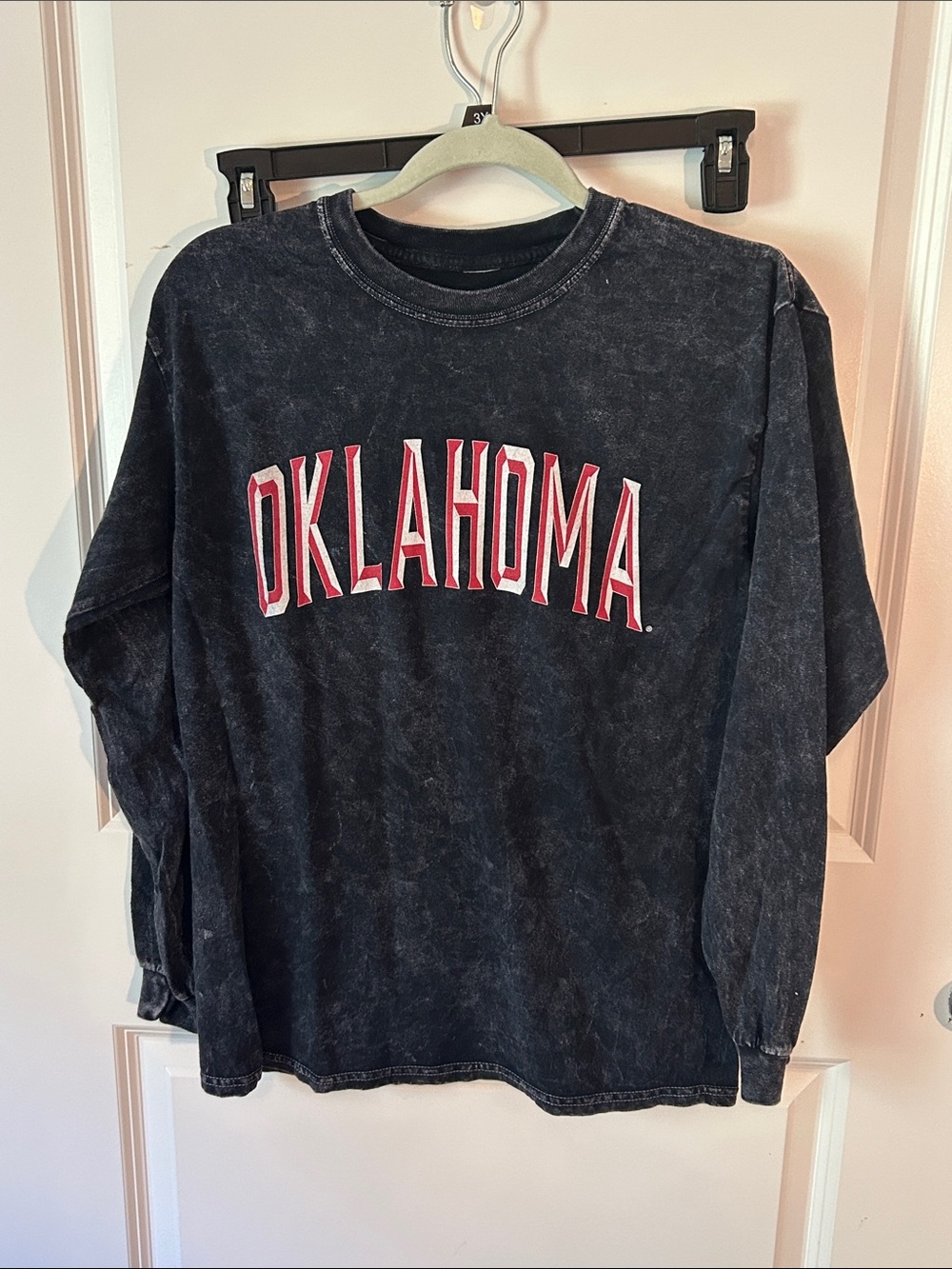 Black Mineral-Wash Long-Sleeve Tee with Red Oklahoma Logo